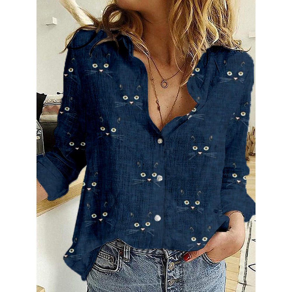 Cute Cat Face Pattern Long Sleeve Casual Blouse
