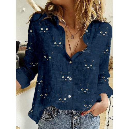 Cute Cat Face Pattern Long Sleeve Casual Blouse