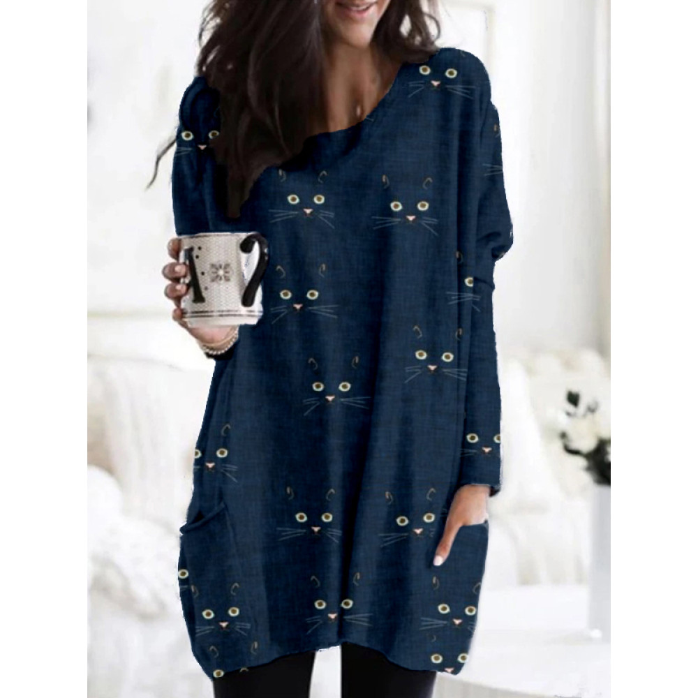 Cute Cat Face Pattern Patch Pocket Comfy Tunic