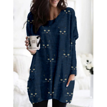 Cute Cat Face Pattern Patch Pocket Comfy Tunic