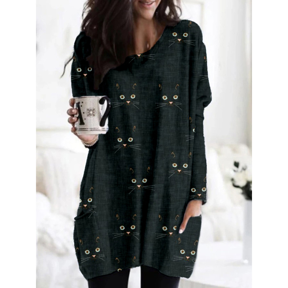 Cute Cat Face Pattern Patch Pocket Comfy Tunic