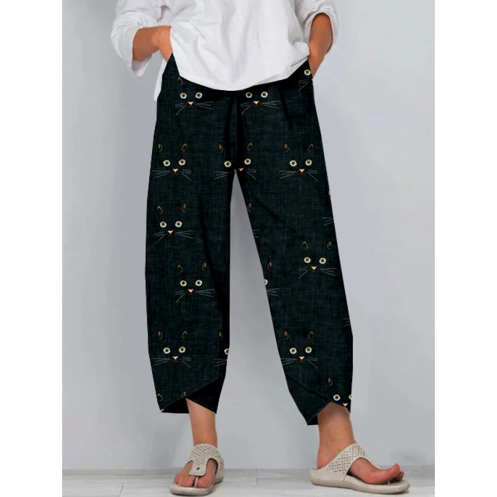 Cute Cat Face Pattern Pocket Cropped Casual Pants