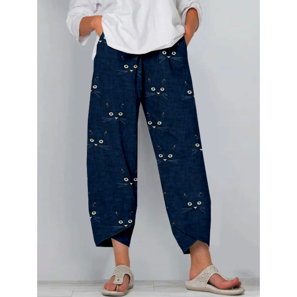 Cute Cat Face Pattern Pocket Cropped Casual Pants
