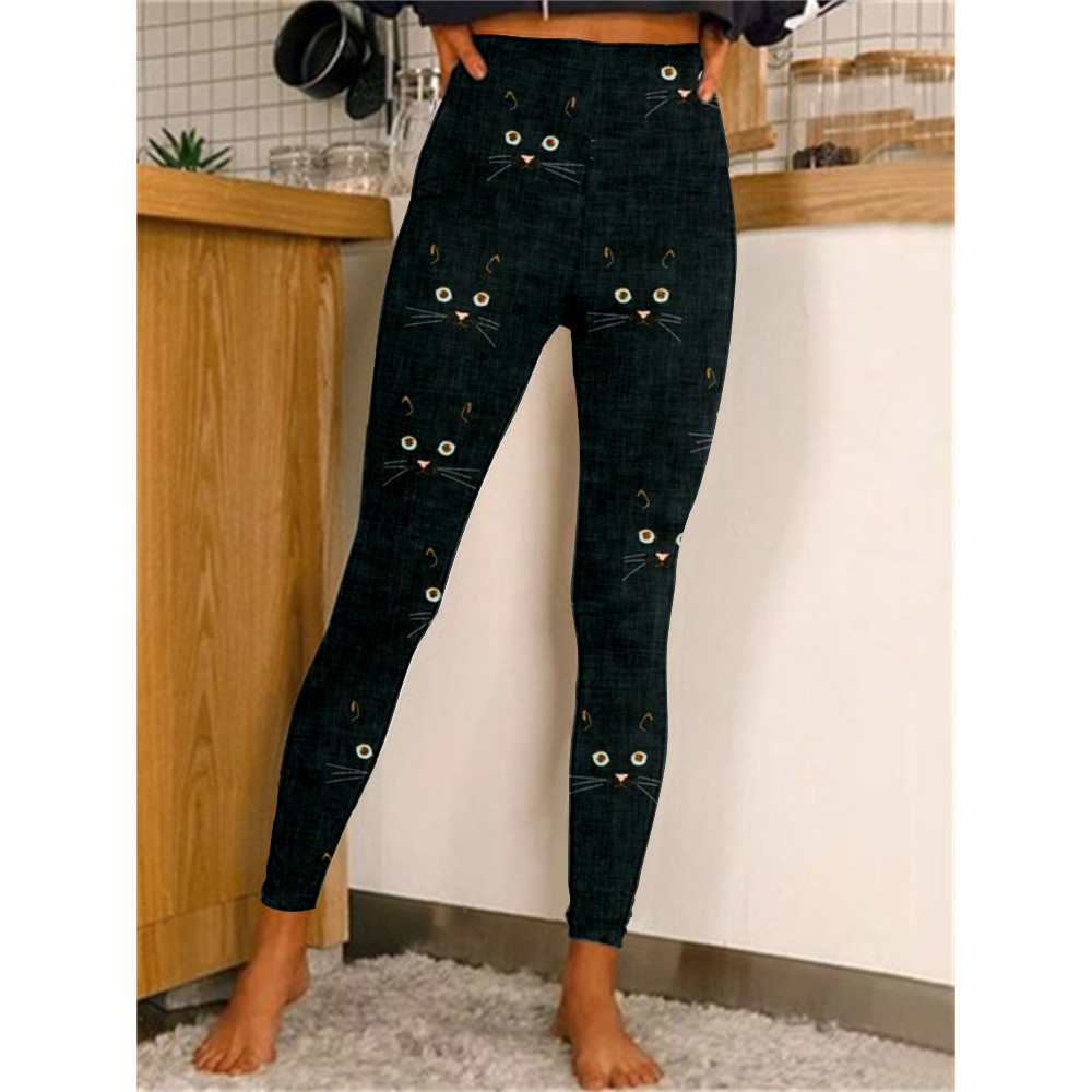 Cute Cat Face Pattern Print Casual Cozy Leggings