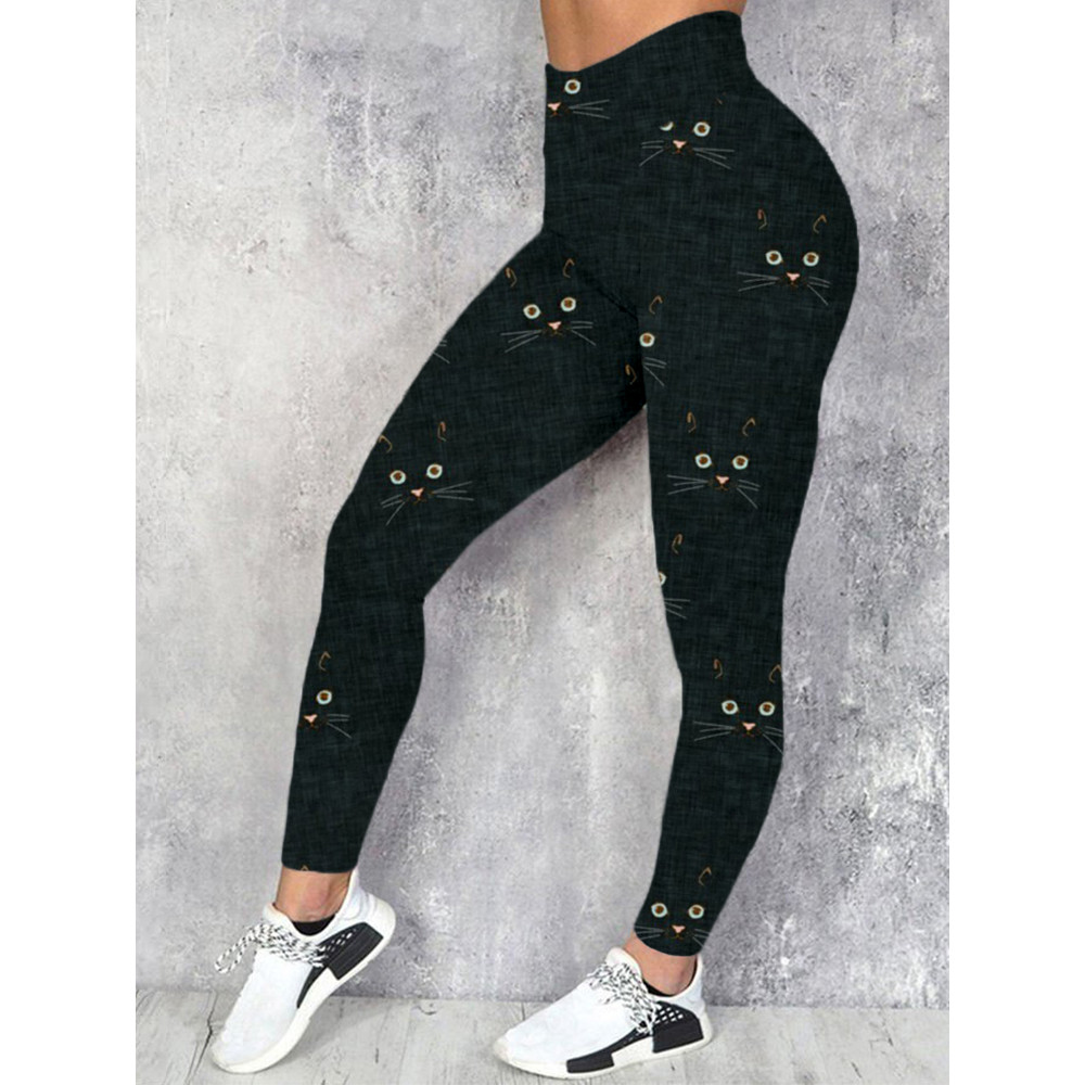 Cute Cat Face Pattern Print Casual Leggings