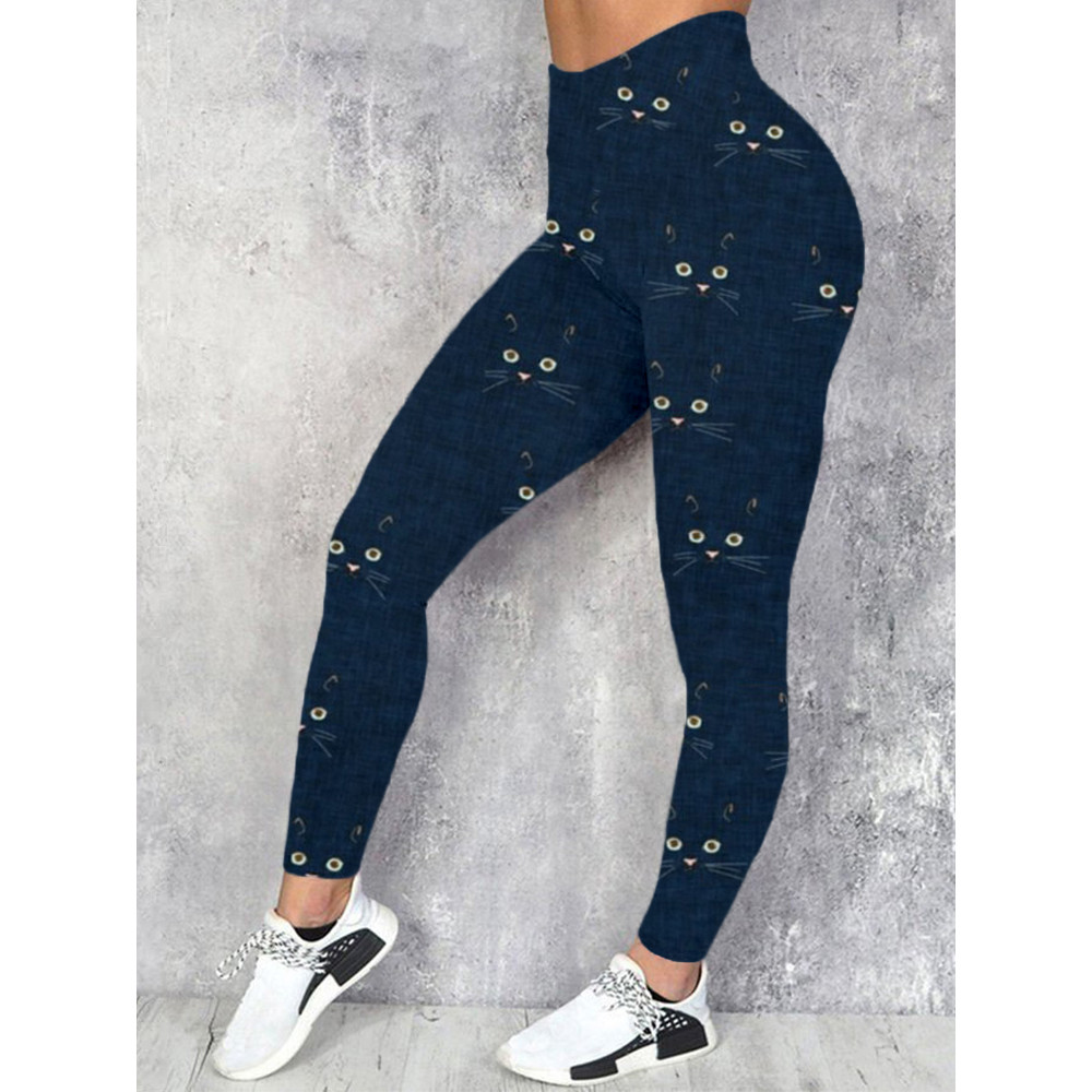 Cute Cat Face Pattern Print Casual Leggings