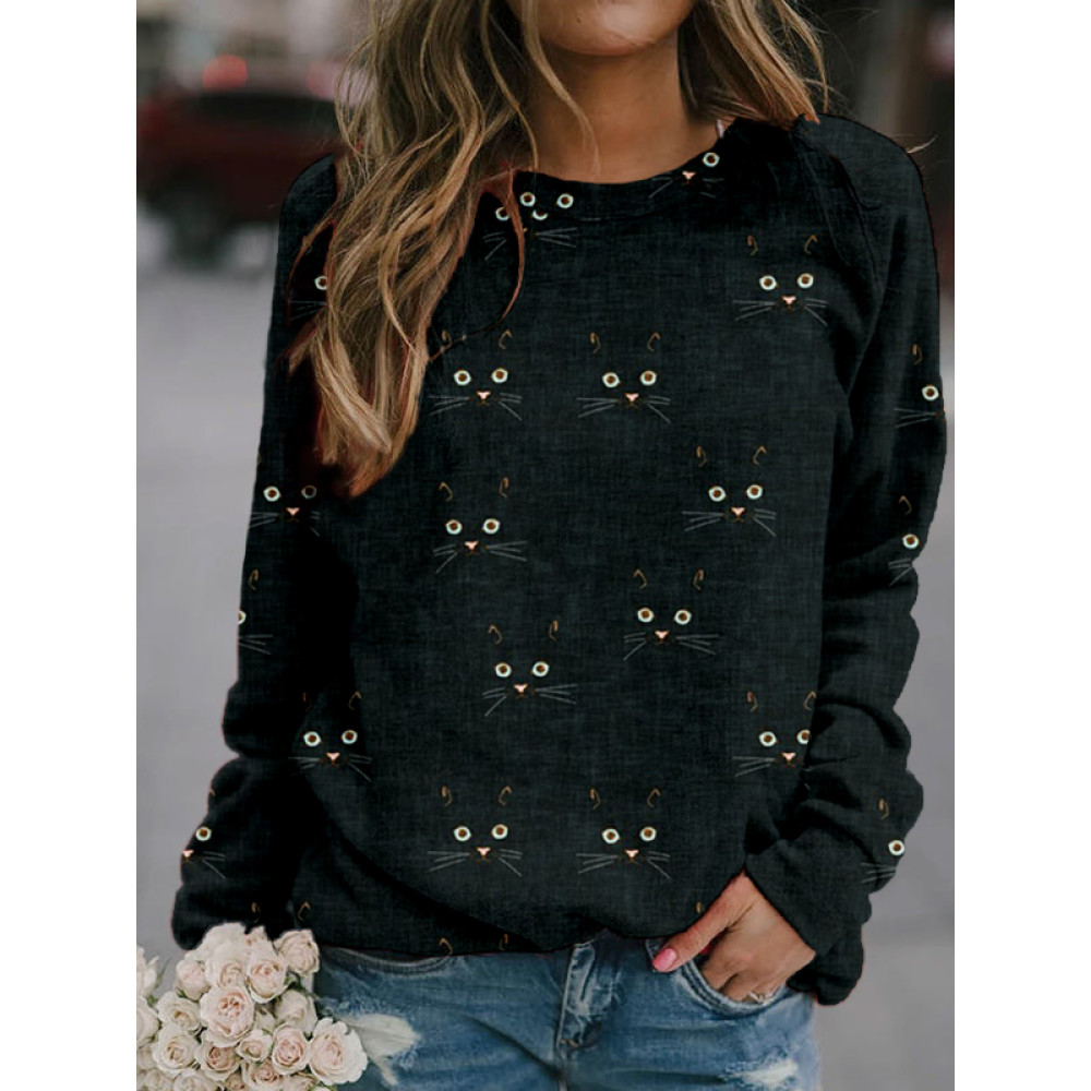 Cute Cat Face Pattern Print Casual Sweatshirt