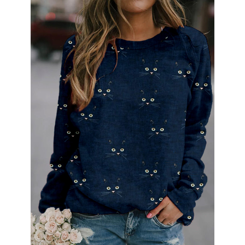 Cute Cat Face Pattern Print Casual Sweatshirt