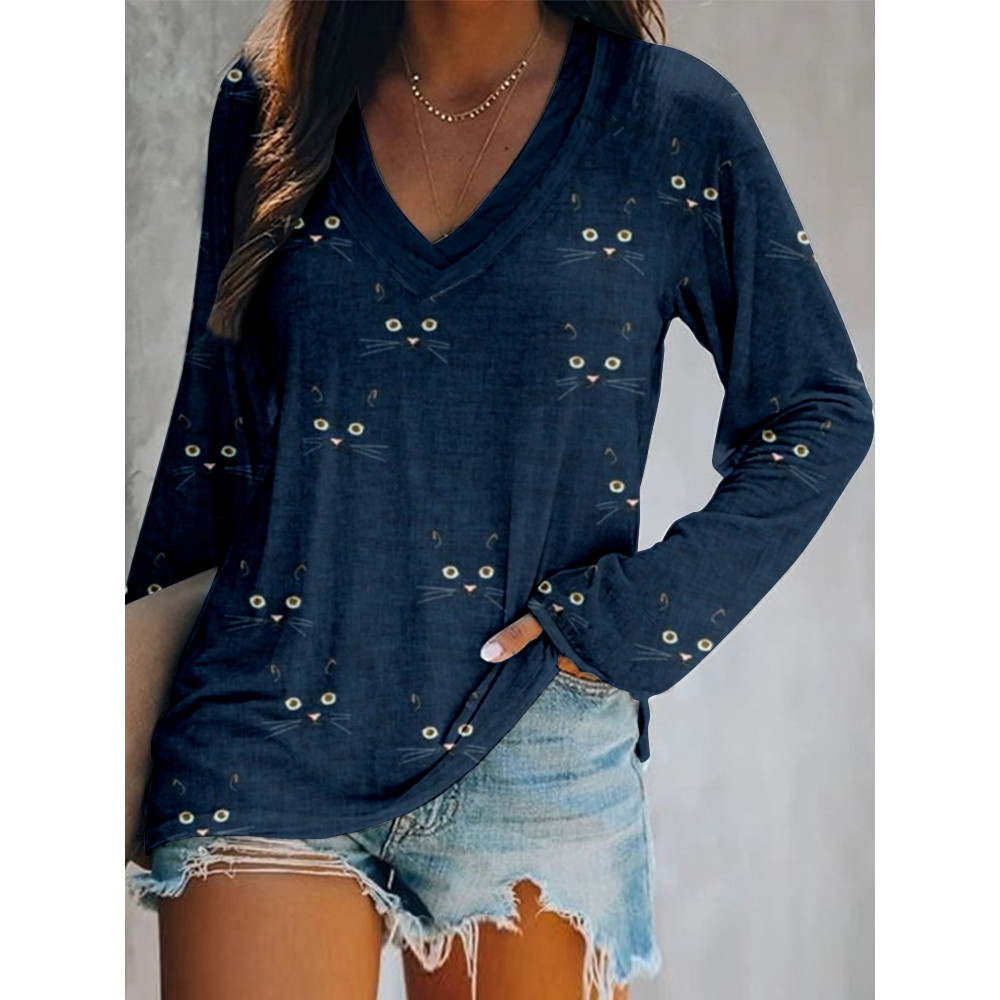 Cute Cat Face Pattern V Neck Casual T Shirt