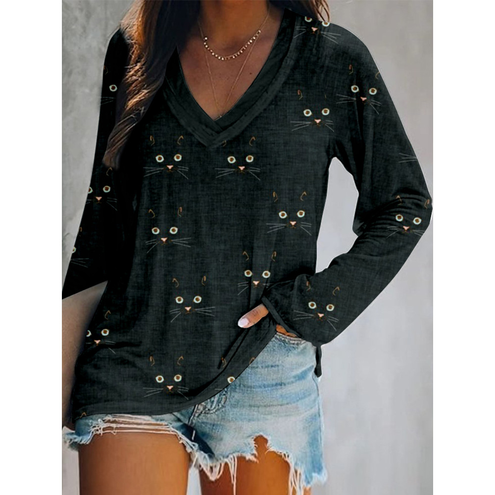 Cute Cat Face Pattern V Neck Casual T Shirt