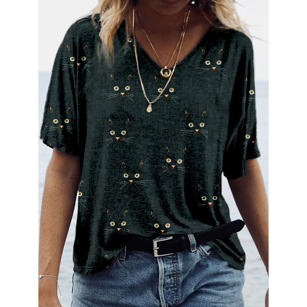 Cute Cat Face Pattern V Neck Comfy T Shirt