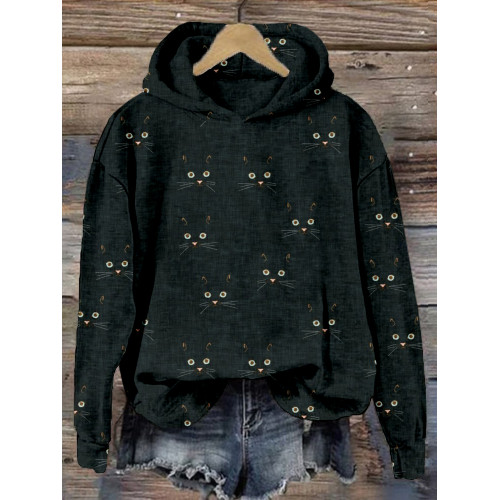 Cute Cat Face Pattern Vintage Cozy Hoodie