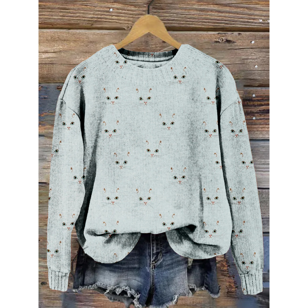 Cute Cat Face Pattern Vintage Cozy Sweater