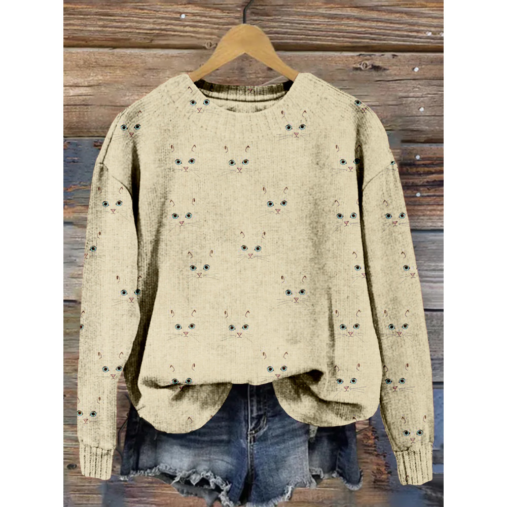 Cute Cat Face Pattern Vintage Cozy Sweater