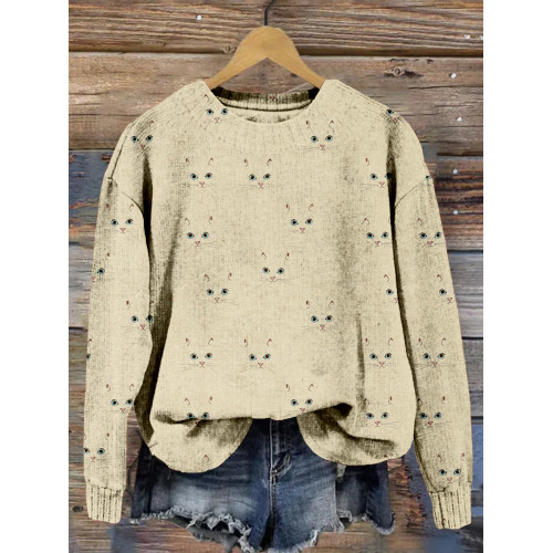 Cute Cat Face Pattern Vintage Cozy Sweater