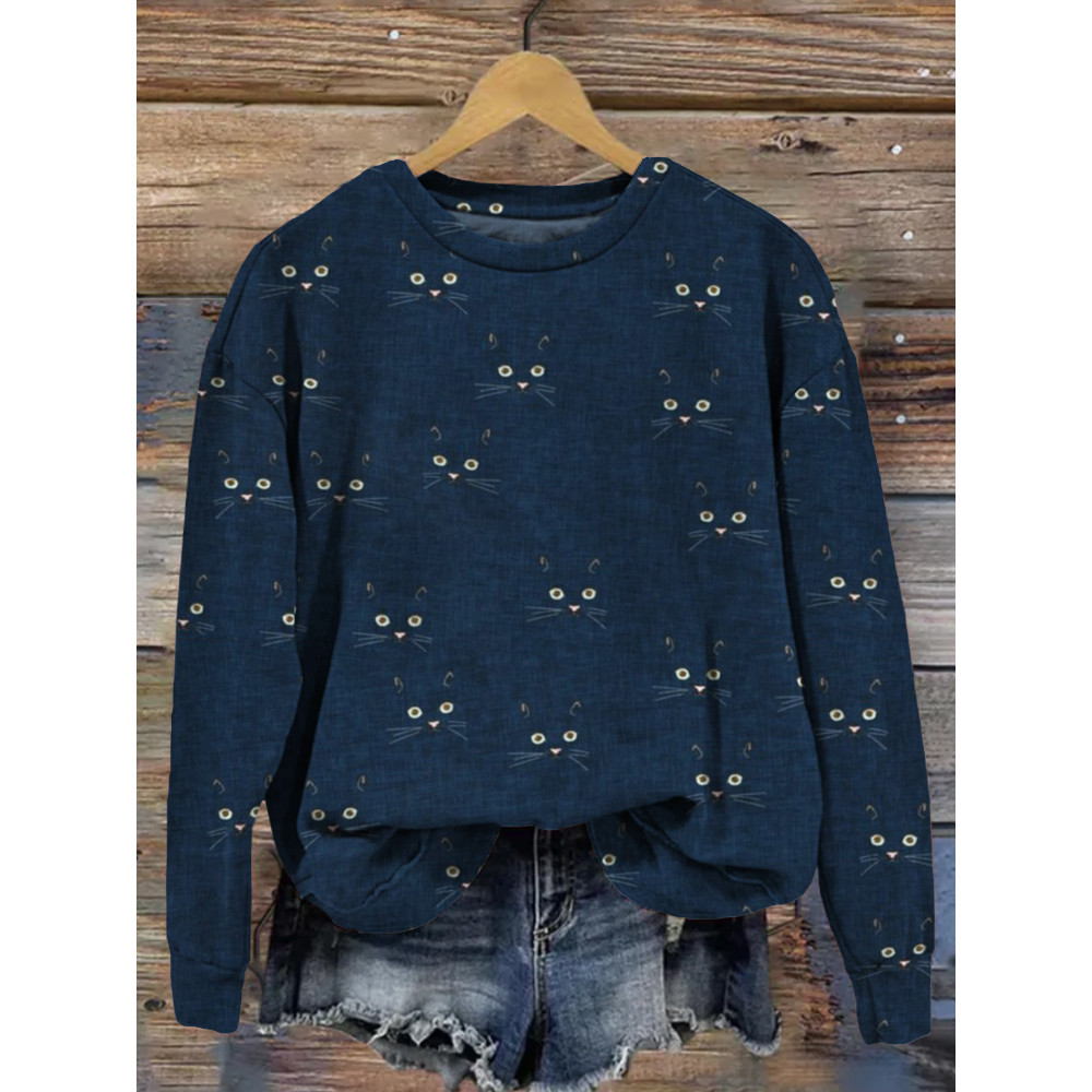 Cute Cat Face Pattern Vintage Cozy Sweatshirt
