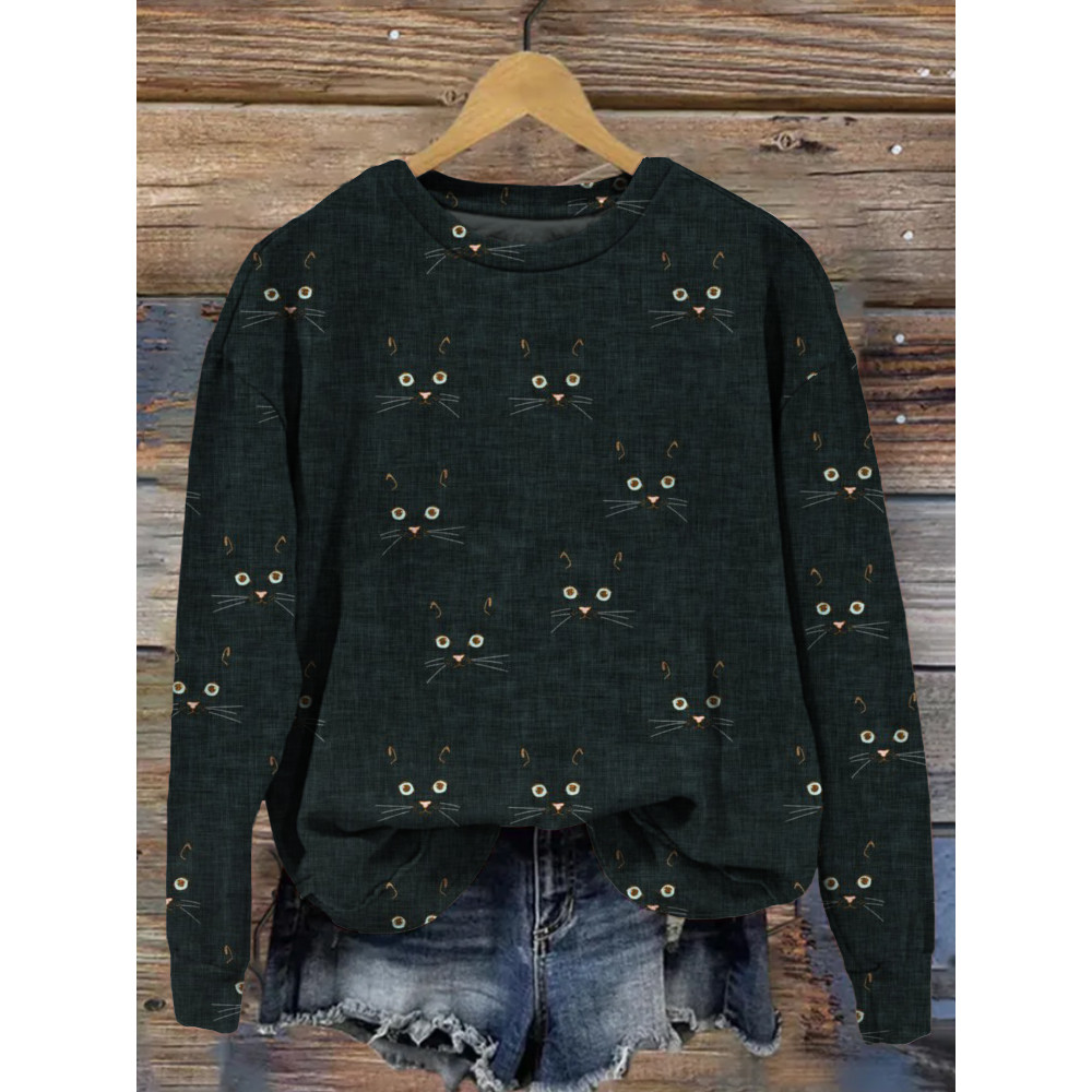Cute Cat Face Pattern Vintage Cozy Sweatshirt
