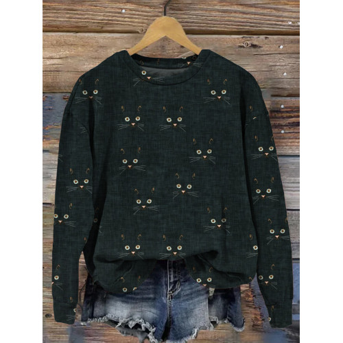 Cute Cat Face Pattern Vintage Cozy Sweatshirt