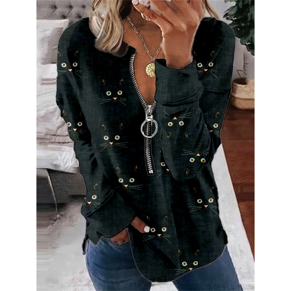 Cute Cat Face Pattern Zip Up Casual Sweatshirt