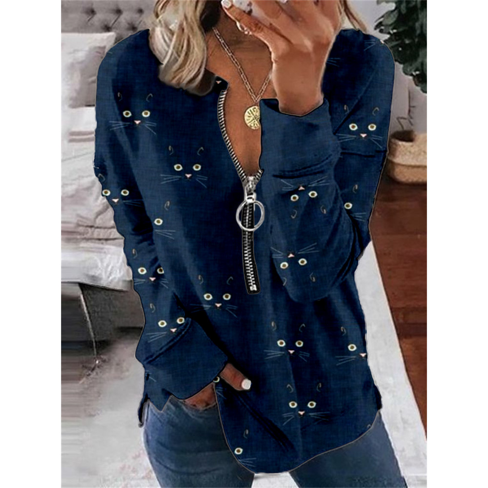 Cute Cat Face Pattern Zip Up Casual Sweatshirt