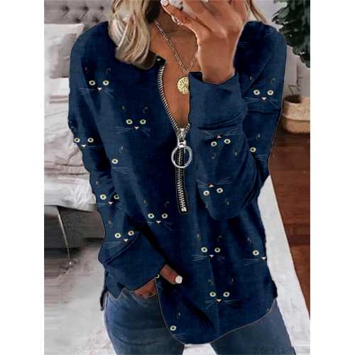 Cute Cat Face Pattern Zip Up Casual Sweatshirt