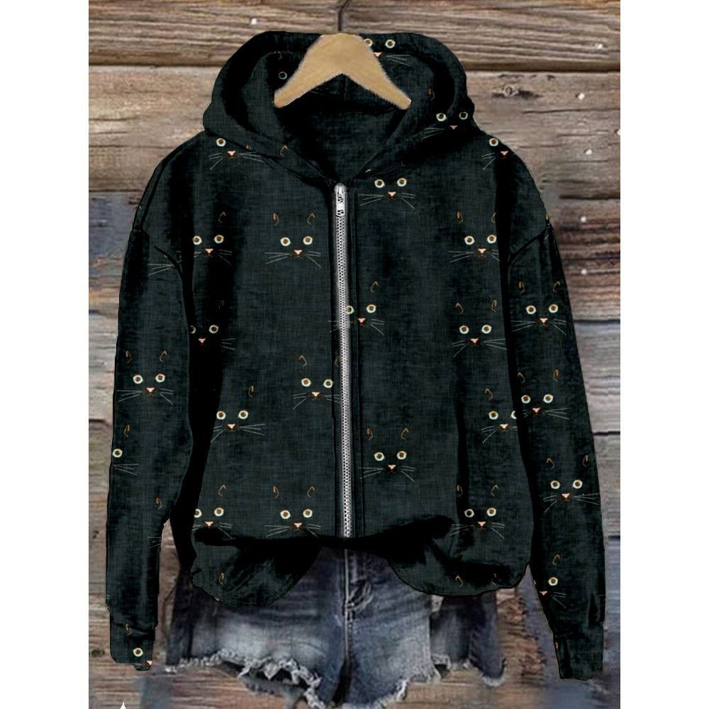Cute Cat Face Pattern Zip Up Comfy Hoodie