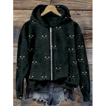 Cute Cat Face Pattern Zip Up Comfy Hoodie
