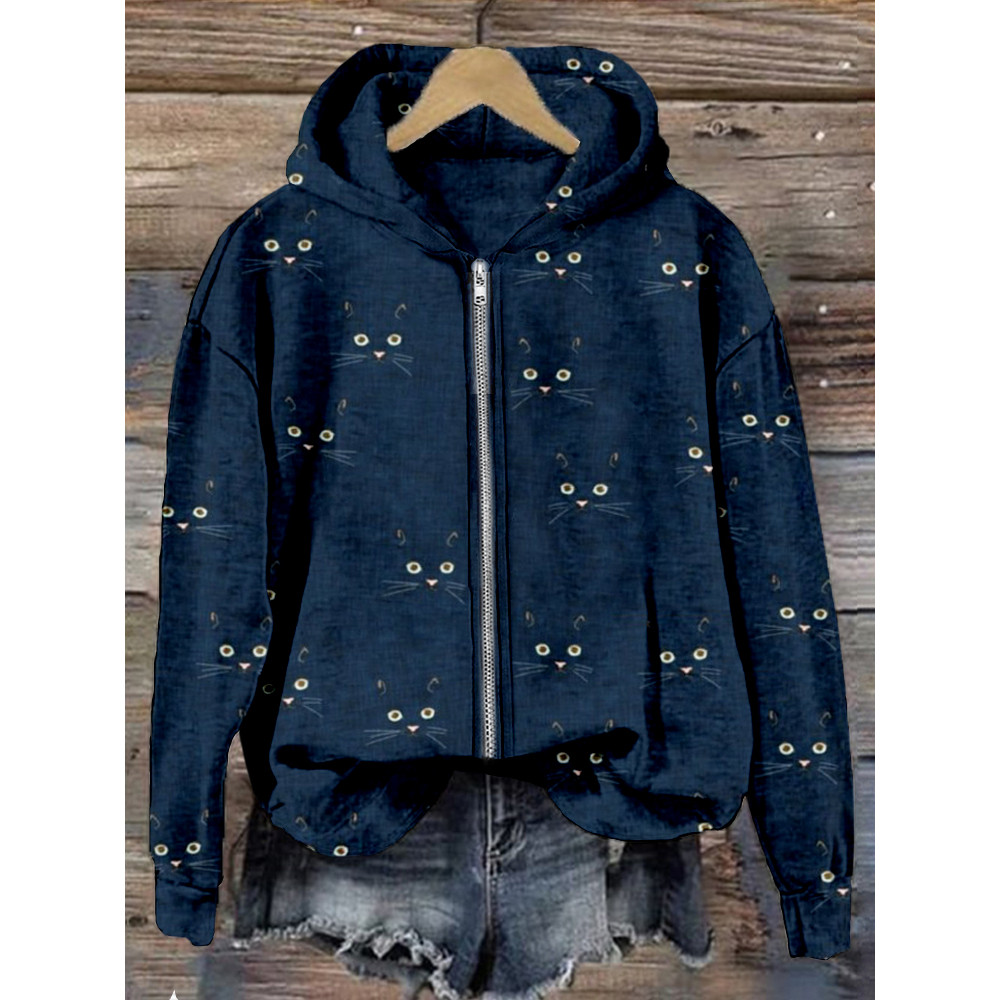 Cute Cat Face Pattern Zip Up Comfy Hoodie