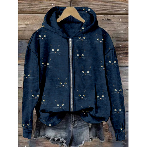 Cute Cat Face Pattern Zip Up Comfy Hoodie