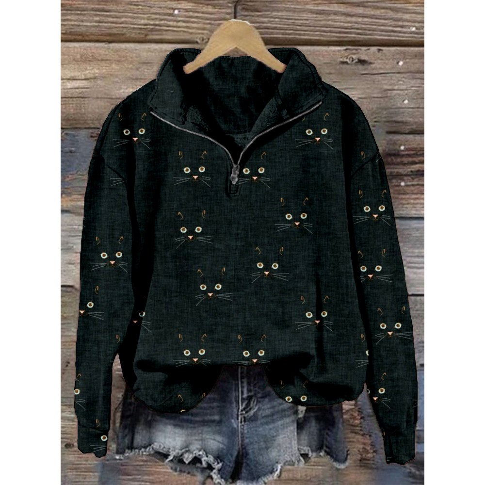 Cute Cat Face Pattern Zip Up Comfy Sweatshirt