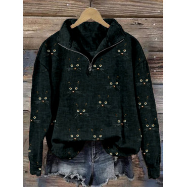 Cute Cat Face Pattern Zip Up Comfy Sweatshirt