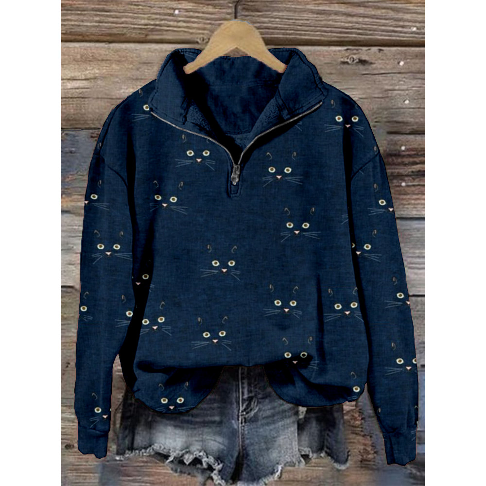 Cute Cat Face Pattern Zip Up Comfy Sweatshirt
