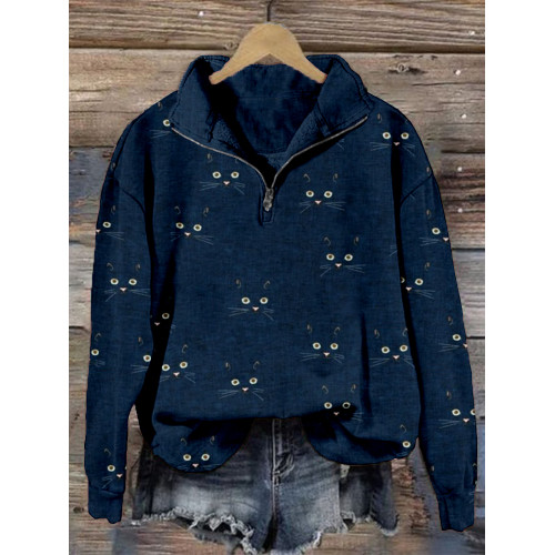 Cute Cat Face Pattern Zip Up Comfy Sweatshirt