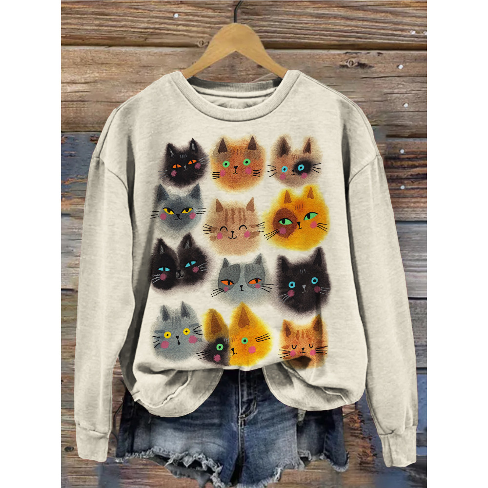 Cute Cat Faces Art Crew Neck Vintage Sweatshirt