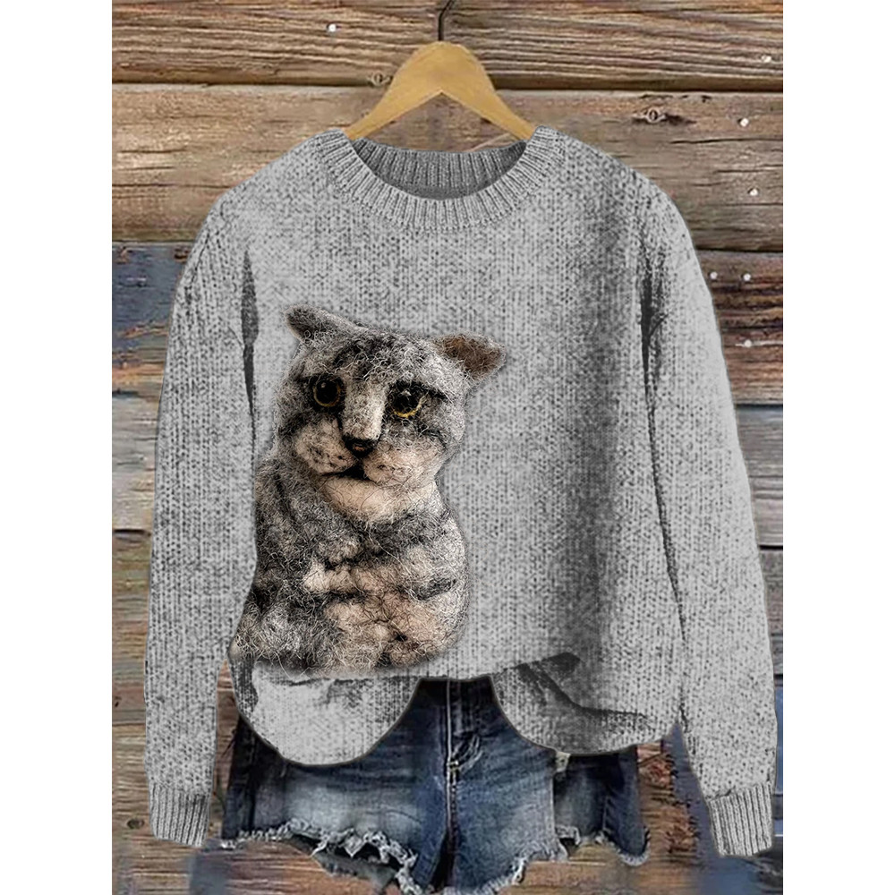 Cute Cat Felt Art Casual Knit Sweater