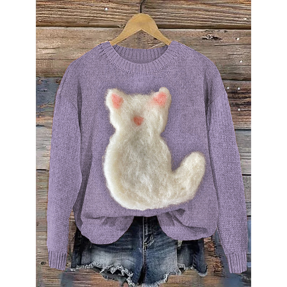 Cute Cat Felt Art Cozy Knit Sweater