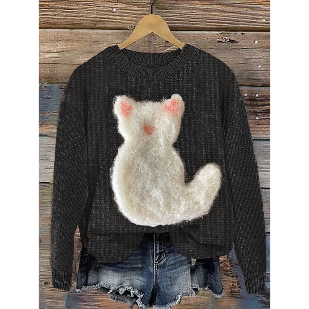 Cute Cat Felt Art Cozy Knit Sweater