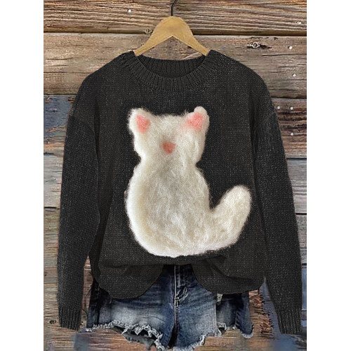 Cute Cat Felt Art Cozy Knit Sweater
