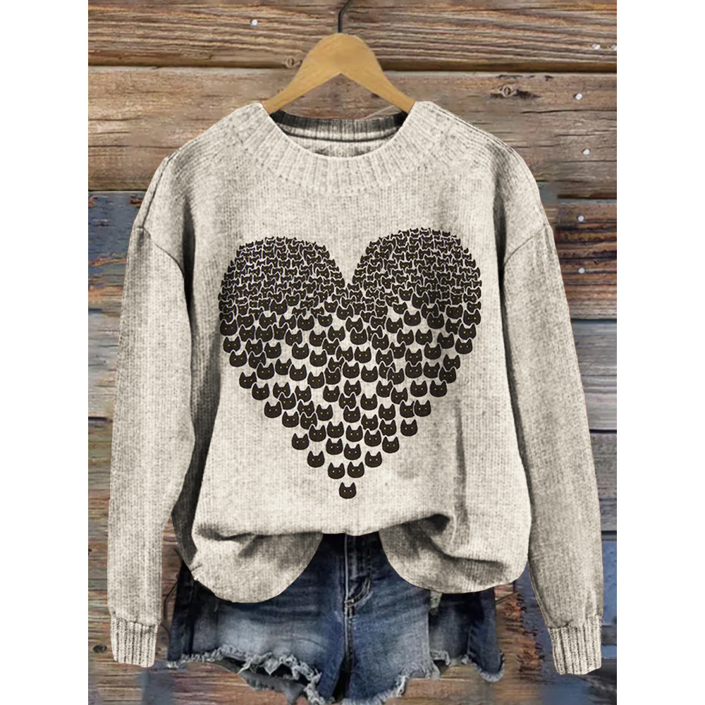 Cute Cat Heart Graphic Vintage Cozy Sweater