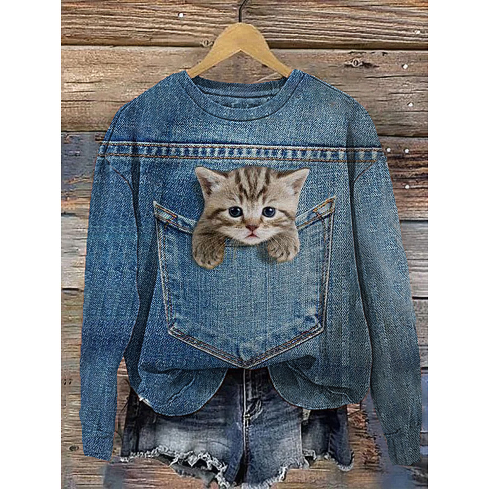 Cute Cat In Pocket Casual Cozy Sweatshirt
