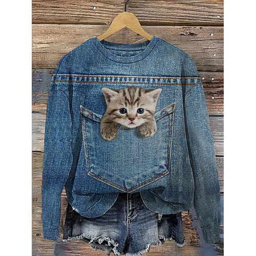 Cute Cat In Pocket Casual Cozy Sweatshirt