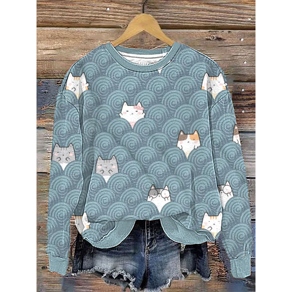 Cute Cat Japanese Wave Art Print Sweatshirt