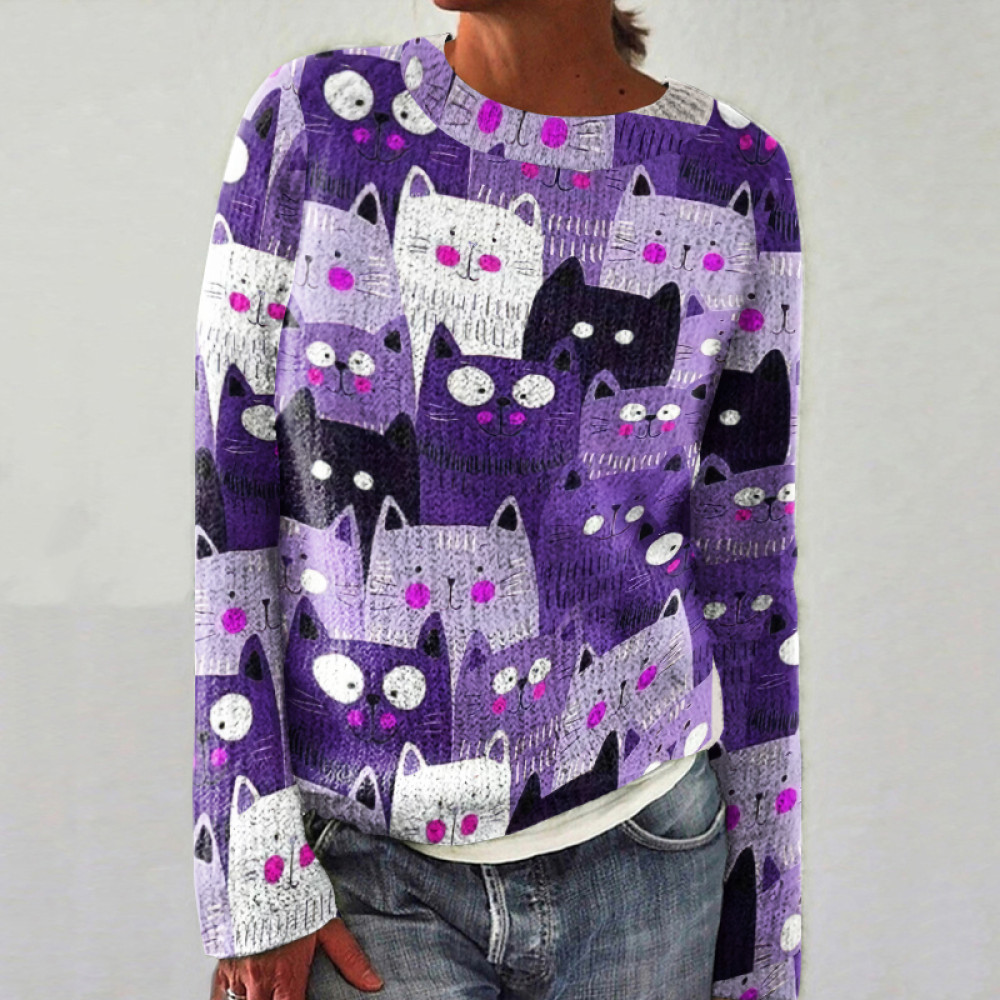 Cute Cat Knit Printed Pullover Cozy Sweater