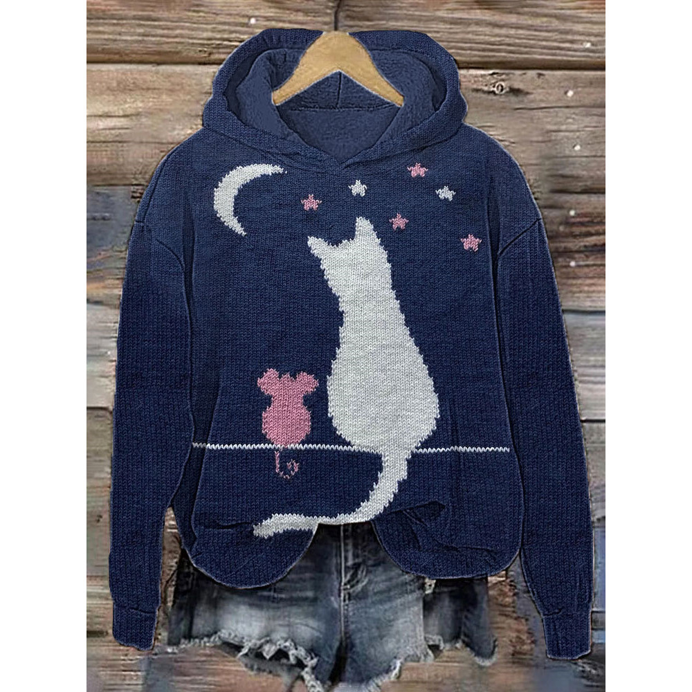 Cute Cat Knitted Casual Cozy Hoodie