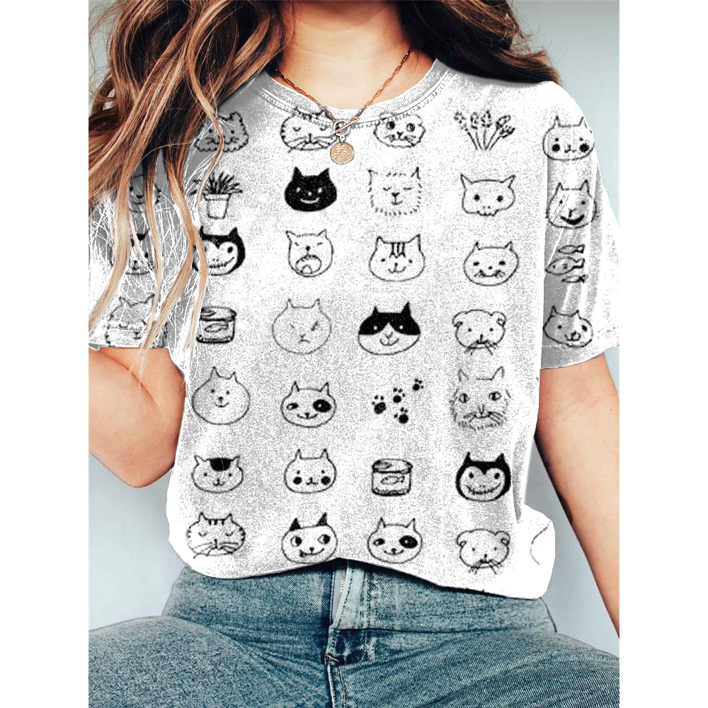Cute Cat Line Art Print Casual Cotton Linen Blend T-Shirt