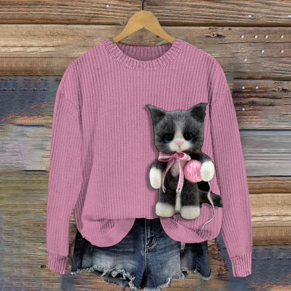 Cute Cat Needle Felt Artistic Round Neck Comfortable Knitted Sweater