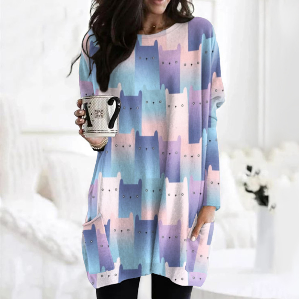 Cute Cat Pattern Color Block Patch Pocket Comfy Tunic