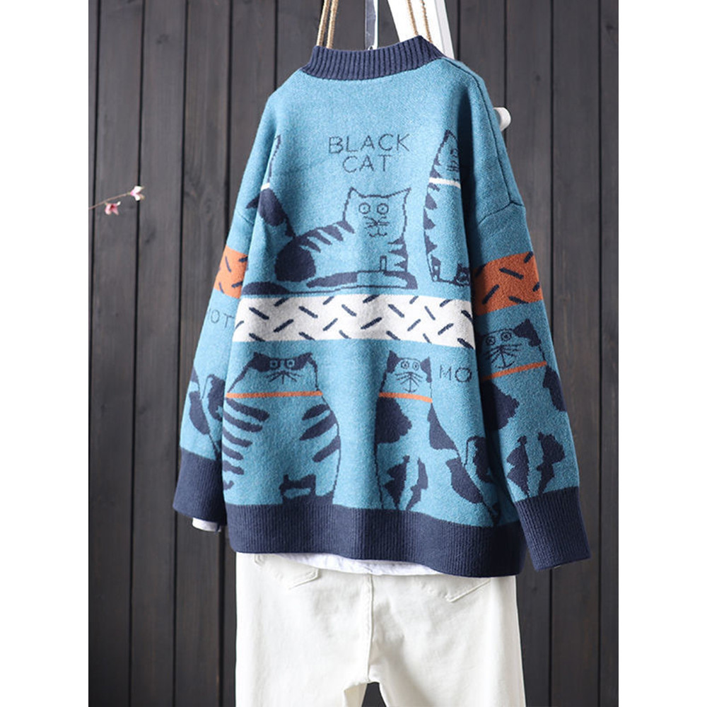 Cute Cat Pattern Loose Fit Comfy Knit Cardigan