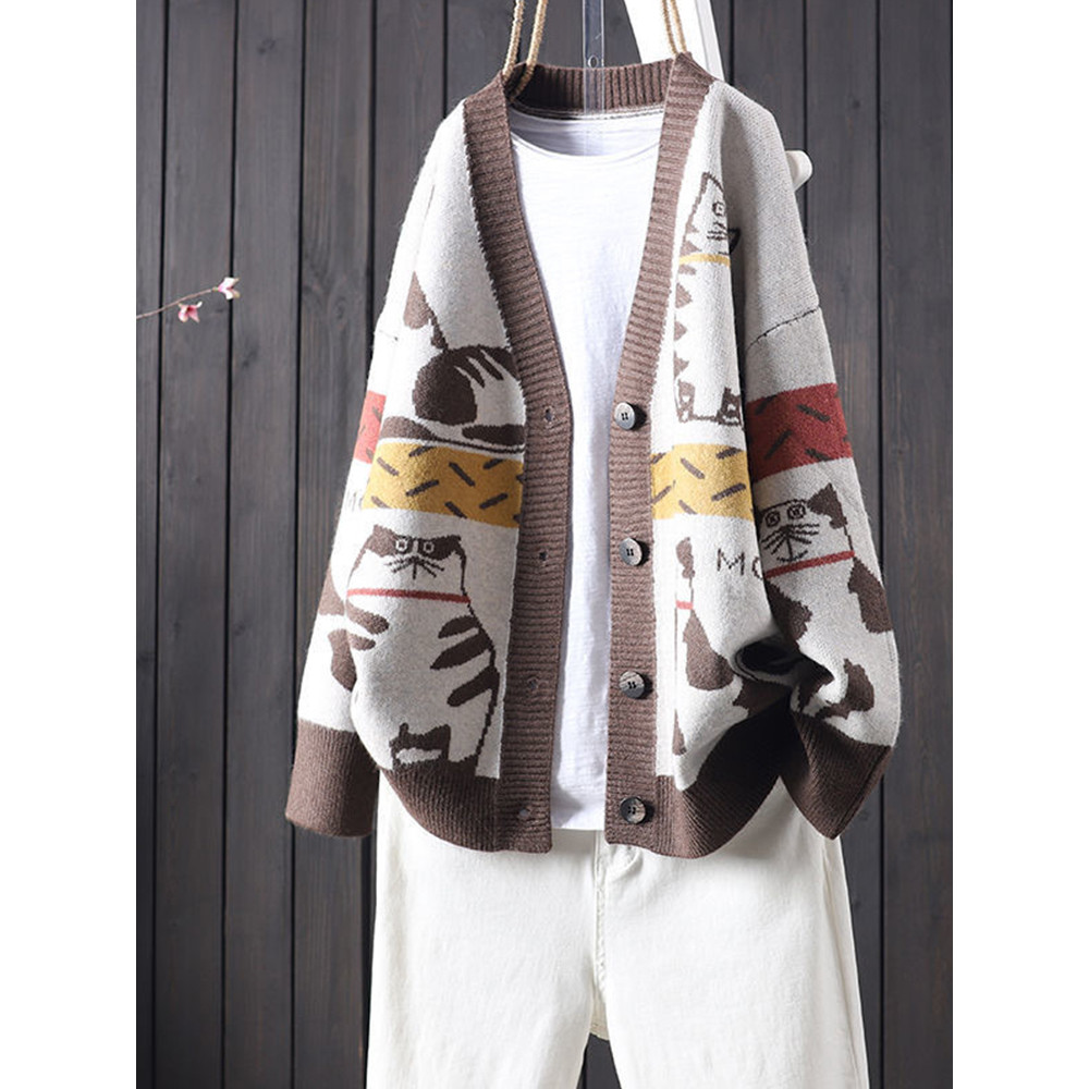 Cute Cat Pattern Loose Fit Comfy Knit Cardigan