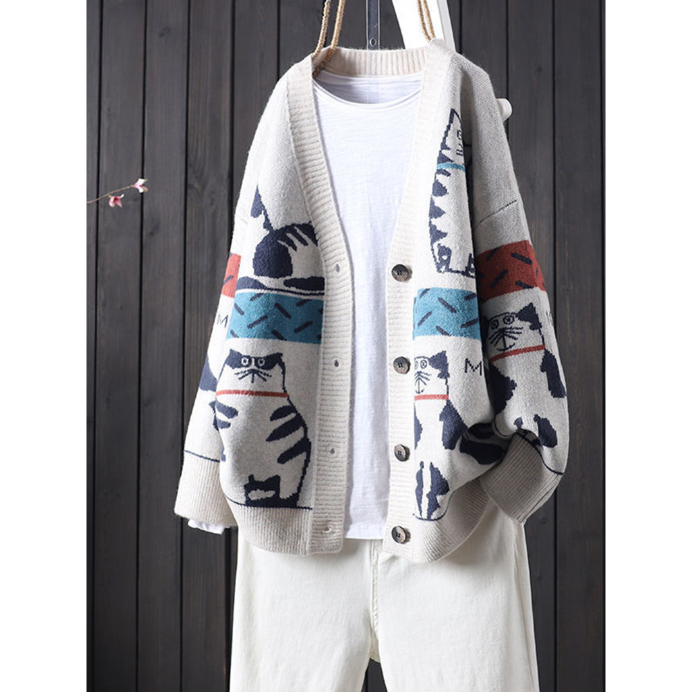 Cute Cat Pattern Loose Fit Comfy Knit Cardigan
